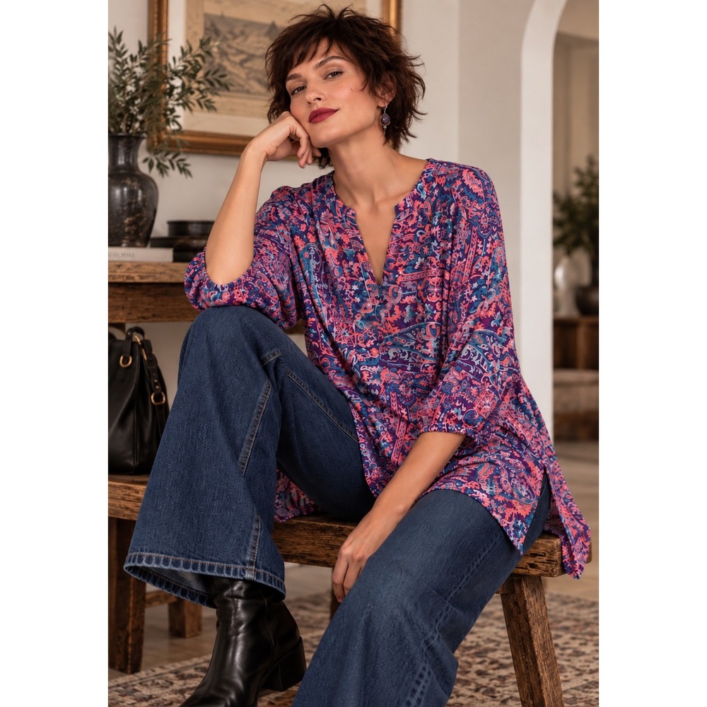 Boutique + Womens 1X Paisley Floral Split Neck 3/4 Sleeve Tunic Blouse Navy Pink